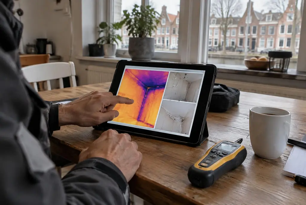 Lekdetectie Odijk – lekdetectierapport met warmtebeelden en foto's op een tablet
