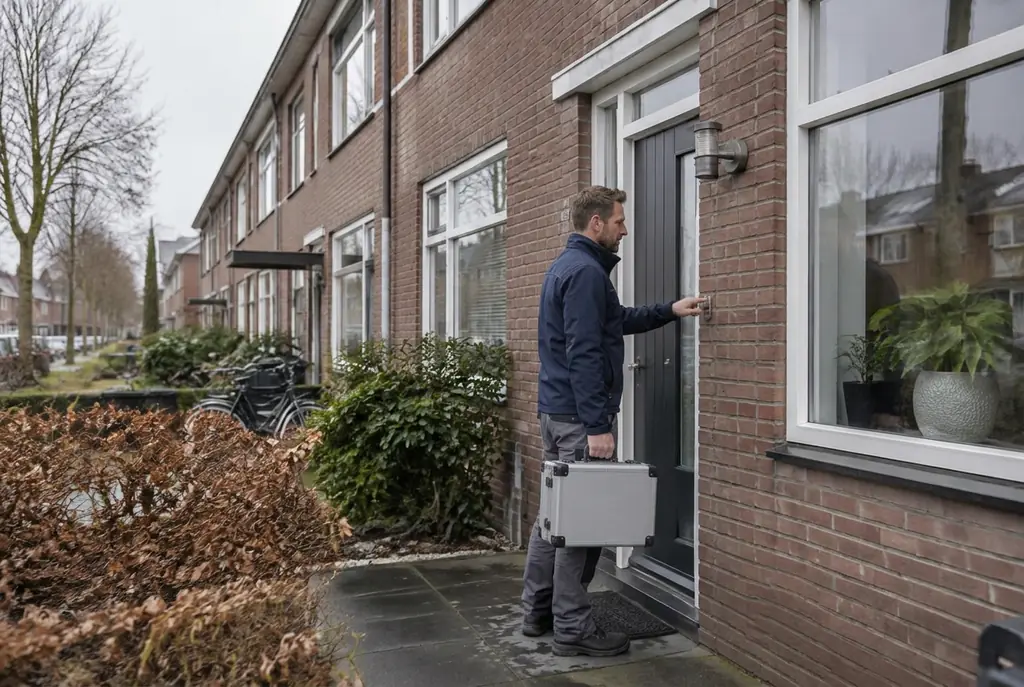 Lekdetectiespecialist met meetkoffer bij de voordeur van een woning in Odijk